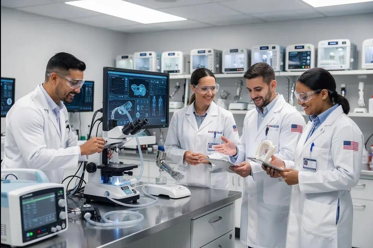 Medical research team reviewing results in a modern laboratory