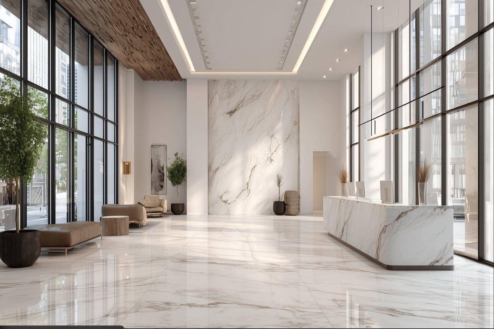 Institutional office lobby with marble reception desk and tall windows