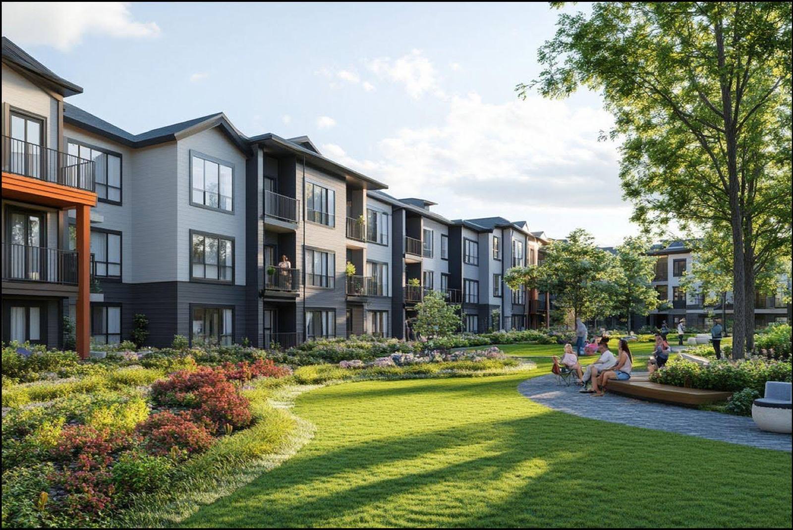 Modern multifamily apartment community with landscaped courtyard